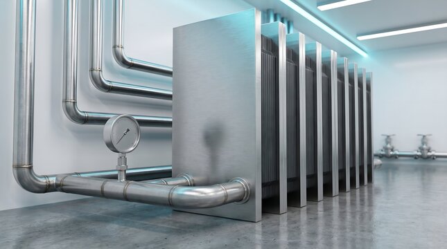 Industrial hydrogen fuel cell electrolyzer stacks with stainless steel pipes, analog pressure gauges, clean facility, blue and teal ambient lighting, no text, no brand