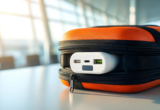 Portable power bank in an orange travel case modern technology for charging devices on the go travel and connectivity