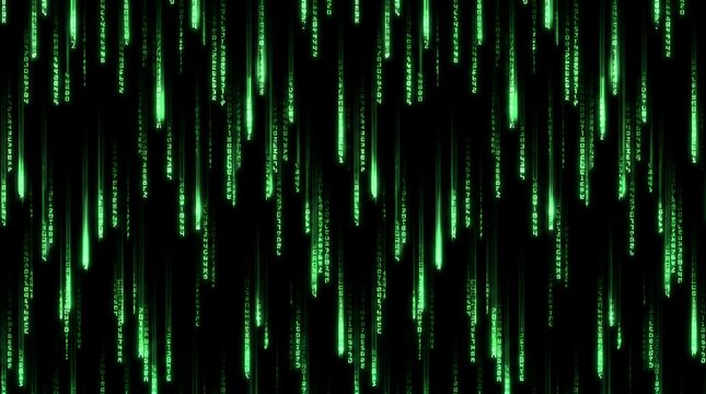 Digital green binary code rain falling on black background for technology data concept