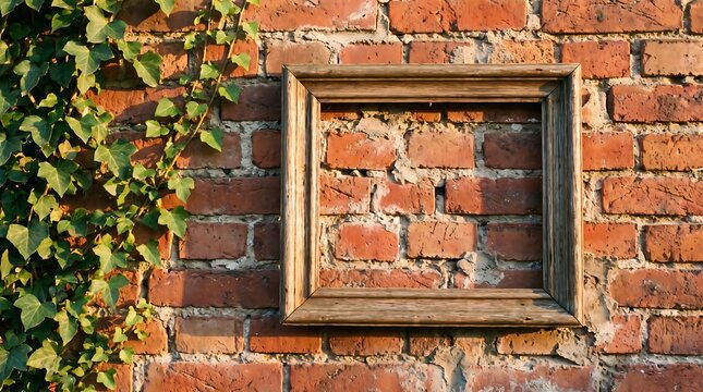 Empty wooden picture frame hanging on a rustic red brick wall with green ivy leaves