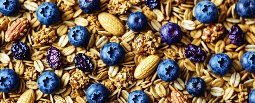 Close view of crunchy granola mix with fresh blueberries, dried berries, and whole almonds. Healthy breakfast cereal provides fiber and energy for morning meal.