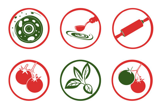 Italian Pizza Making Icon Set with Tomato Sauce, Basil, Tomatoes, Dough and Rolling Pin &ndash; Editable Vector