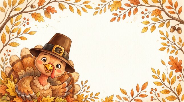 Cute cartoon turkey wearing pilgrim hat framed by watercolor autumn leaves background banner design