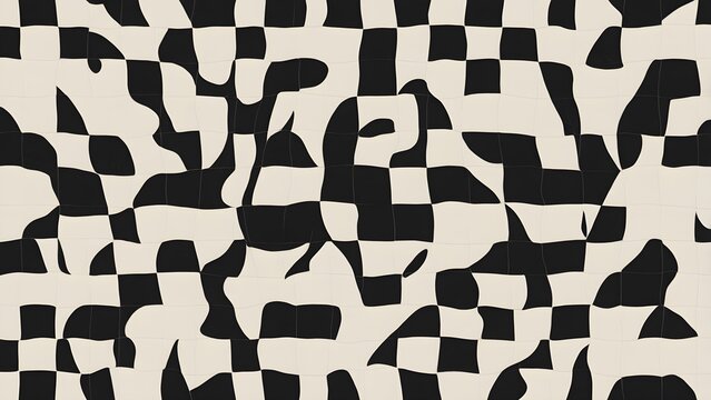Black and white abstract pattern featuring distorted checkerboard squares and fluid organic shapes, retro aesthetic background.