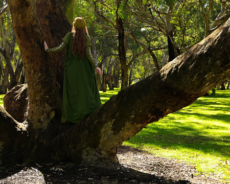full length portrait of beautiful female model, standing figure back view,  wearing green medieval historical gown costume with cloak. Magical forest background with trees.