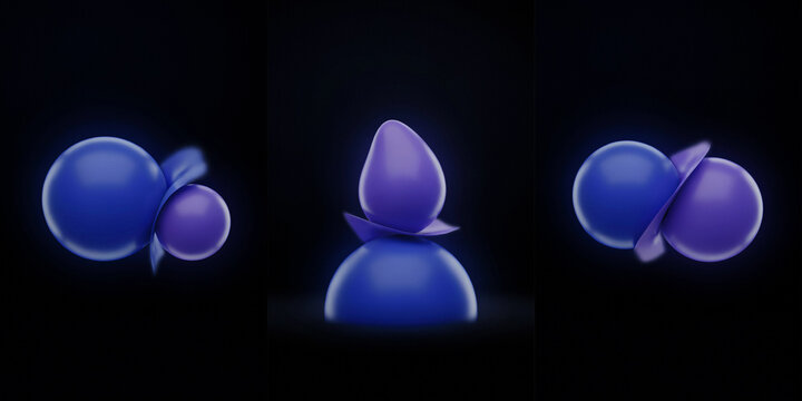 Abstract blue and purple spherical shapes on dark background, three panels