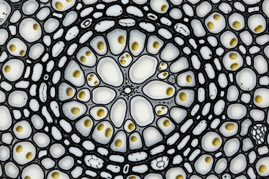 Microscopic view of plant root cross section. Detailed anatomy shows parenchyma cells with starch grains. Scientific imagery biological cellular structure inside dicot root cortex. Educational