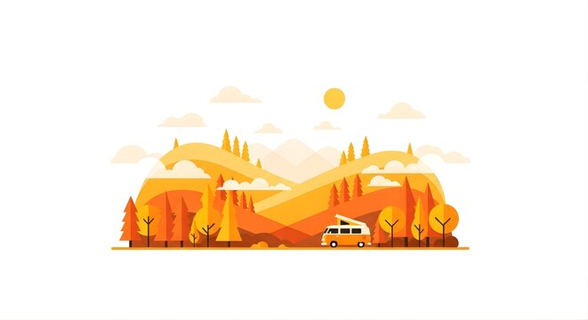Retro Camper Van in Autumn Mountain Landscape
