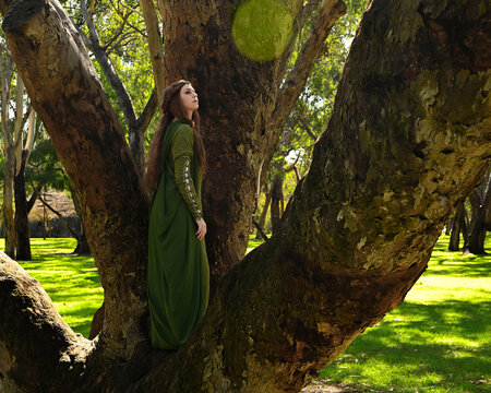 full length portrait of beautiful female model, standing figure back view,  wearing green medieval historical gown costume with cloak. Magical forest background with trees.