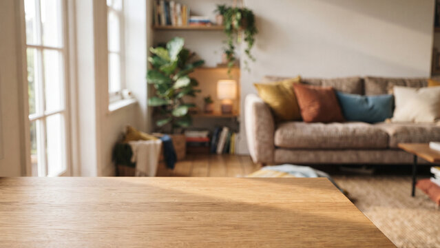 Blurred playroom interior background with wooden table surface in foreground, cozy kids room