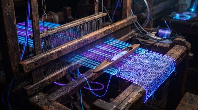 Traditional wooden loom weaving futuristic glowing blue fiber optic threads