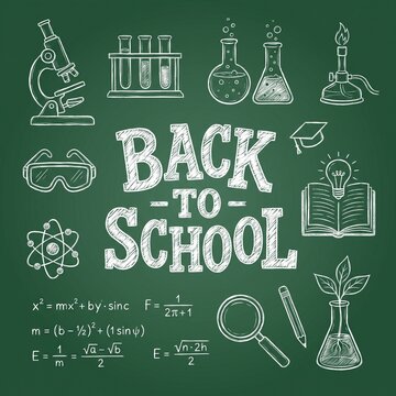Back to school chalkboard design with science education icons and mathematical formulas drawn in white chalk on a green board background
