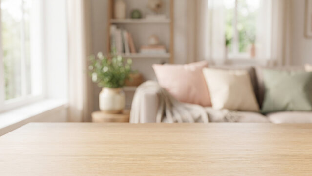 Blurred playroom interior background with wooden table surface in foreground, cozy kids room