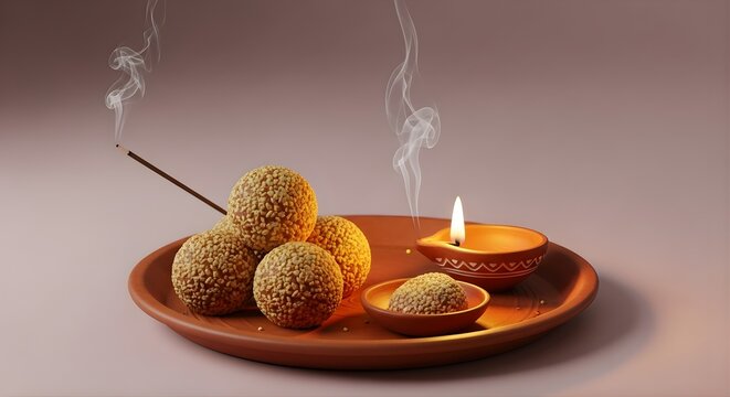 Traditional Indian Sweets with Lit Diya and Incense