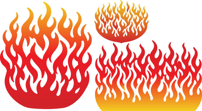Stylized fire flame vector set, orange and red burning bonfire elements, decorative heat icons for graphic design