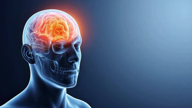 Head X-Ray scan with glowing brain visualization neural activity migraine 3D medical animation 