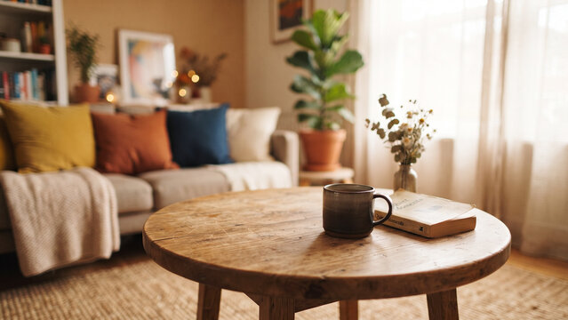 Blurred playroom interior background with wooden table surface in foreground, cozy kids room