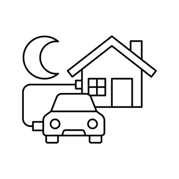 Electric vehicle EV home charging at night line icon