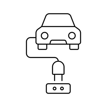 Electric vehicle EV connected to wall plug socket line icon