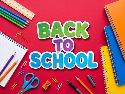 Back to school text with colorful stationery supplies like notebooks pencils and scissors on a bright pink background
