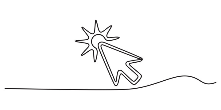 Continuous single line drawing of computer mouse cursor arrow clicking on a sun icon