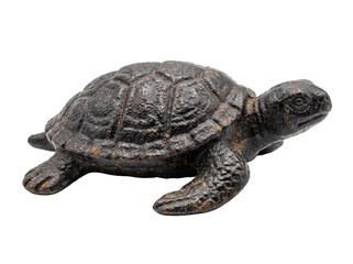 Obraz premium Cast iron turtle statue figurine isolated on black background, rustic metal sea tortoise sculpture art object for home decor, vintage antique dark bronze textured reptile craft decorative design
