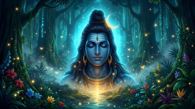 Lord Shiva Meditating in Enchanted Forest with Glowing Blue Light and Crescent Moon Banner