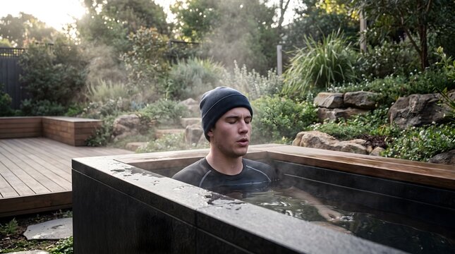 Man relaxing in hot outdoor tub at home garden during a cold winter day