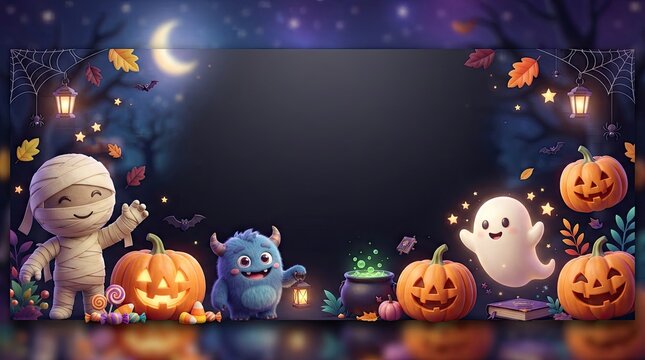 Spooky halloween scene with pumpkins ghosts and a mummy in a dark night setting
