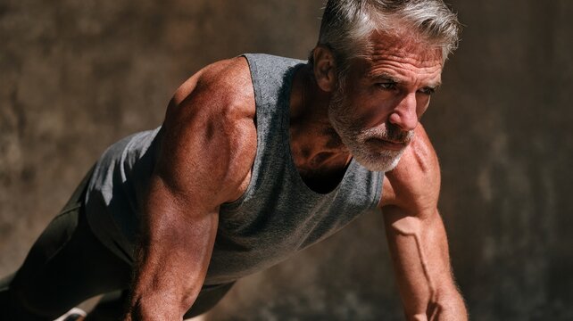 Weathered, Muscular Man in Tank Top Doing Push-ups Against a Dramatic, Textured Background