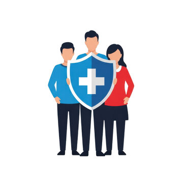 Group of people with shield and medical cross symbol representing protection and healthcare community support.
