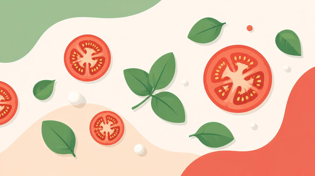 Flat lay illustration of sliced red tomatoes and basil
