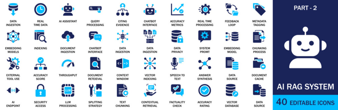AI RAG system and retrieval augmented generation line icon set flat vector illustration technology concept