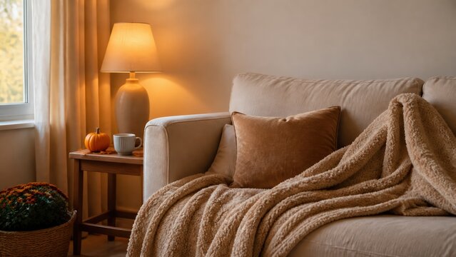 Wide sofa blanket and warm side lamp with copy space