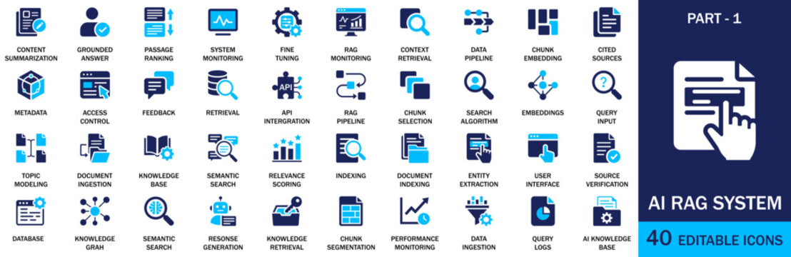 AI RAG system and retrieval augmented generation line icon set flat vector illustration technology concept