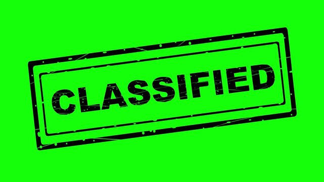 hand drawn style classified rubber stamp animation with black fill and line boil effect on a green screen background