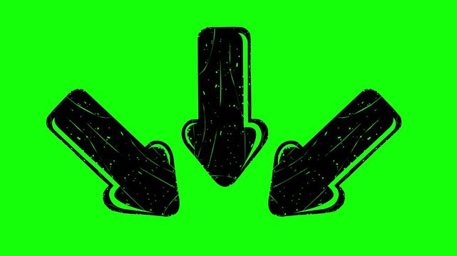 hand drawn style black fill arrows pointing down animation with a green screen chroma key background featuring a rough line boil effect texture for video editors