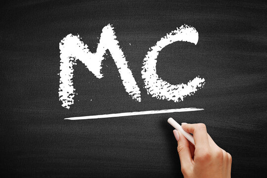 MC Master of Ceremonies acronym on chalkboard. Defines the official host of a staged event, performance, or party who introduces speakers and keeps the ceremony moving
