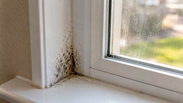 Close-up of residential window frame with small localized mildew spots developing near lower corner from condensation