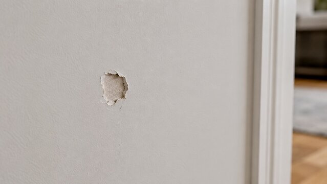 Close-up of residential painted drywall with small dent and chipped paint