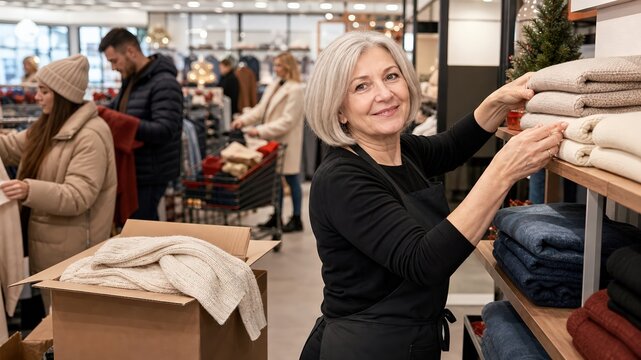 Polish woman retail worker restocking a shelf during a busy period