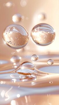 Luminous golden serum drops and clear gel bubbles float over a smooth liquid surface, evoking pure hydration and luxury. Ideal for skincare and cosmetics advertising. Nobody.