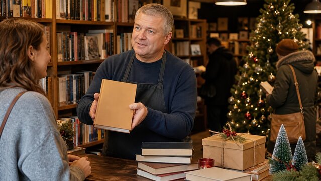 Ukrainian man bookseller recommending a covered book as a gift