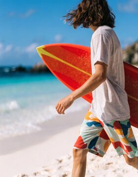 Individual walking along the shore with a vibrant surfboard tucked under their arm celebrating the surf culture and the joy of outdoor sports in a beautiful beach environment