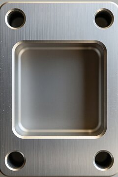 Machined metal component with central square recess, four corner holes. Precision engineering part with brushed surface texture, sharp edges. Industrial manufacturing detail showing robust metallic
