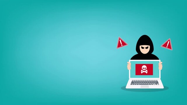 Ransomware Cyber Attack Warning with Hacker Holding Infected Laptop