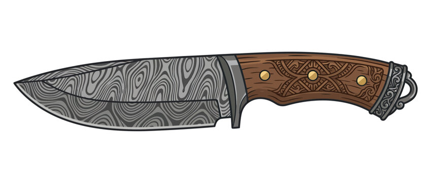 Ornate Hunting Knife with Damascus Blade