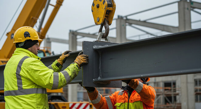 Construction workers guiding a steel beam being lowered by a crane at a job site.Concept of heavy construction and structural engineering.