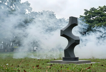 Fototapeta premium Dark gray stone sculpture with geometric shapes in a park with Smoke and trees, Smoke drifts around the artwork and trees in the background
