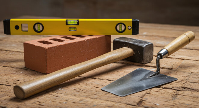 Masonry tools including a trowel, hammer, and level, next to a brick on a wooden surface.Concept of construction work and bricklaying.